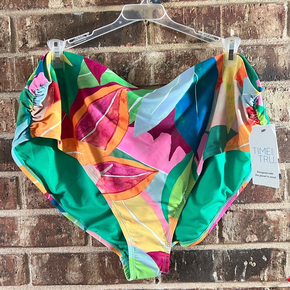 Time & Tru MultiColor Leaves Mid Rise Ruched Swimsuit Bikini Bottom 3X (24-26W)